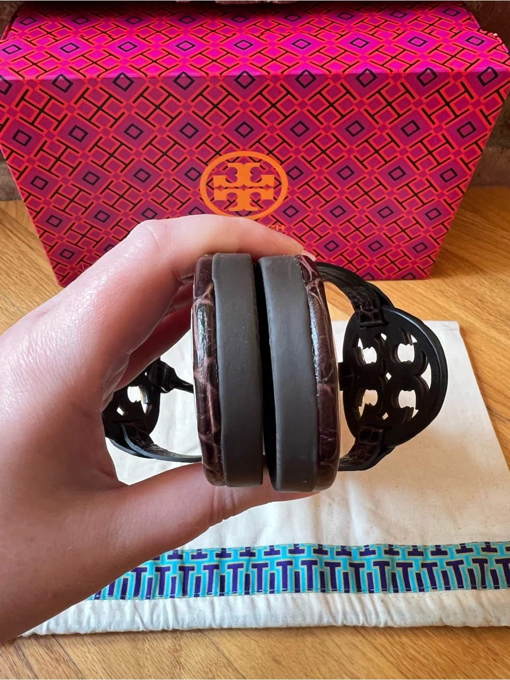Tory Burch Coco Bark Dark Brown Croco Embossed Leather Metal Miller Sandals